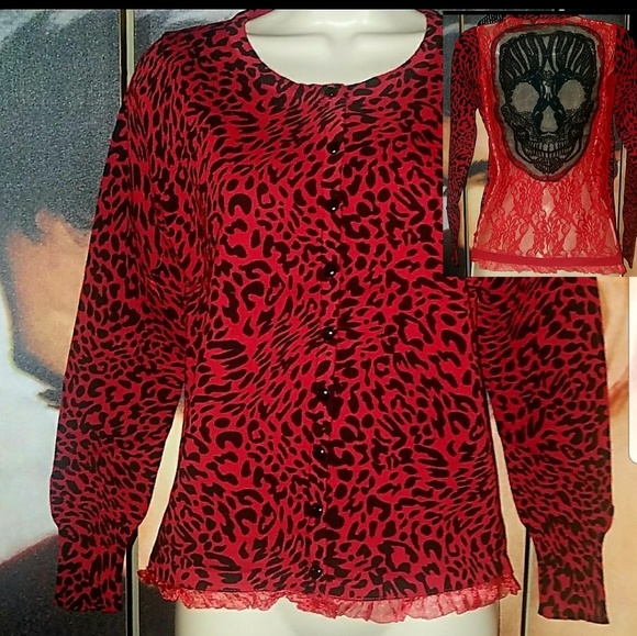 Too Fast Red Leopard Cardigan w Black Gothic Skull Lace Back Red Ruffle Trim - Picture 3 of 8